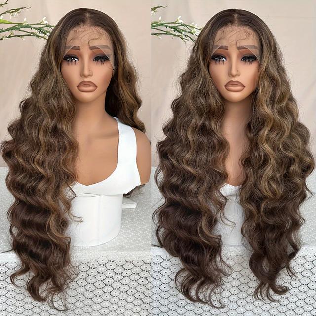 TEMU Elegant Women's Lace Front Wig 13x6 - 130% Density Loose Wave High-temperature Fiber Hairpiece, Glueless Transparent Lace Elegant Wig Suitable For All People