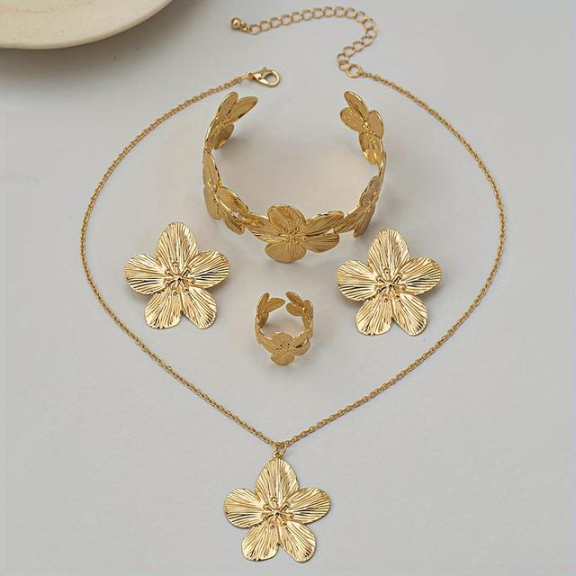 TEMU 5-teiliges minimalistisches elegantes Set – Zarte Blumenohrringe, Ring, Armband & Halskette Kombination, , Hochzeit, Party-Outfit, zeitloses Geschenk für Braut, Brautjungfer oder zum Tragen