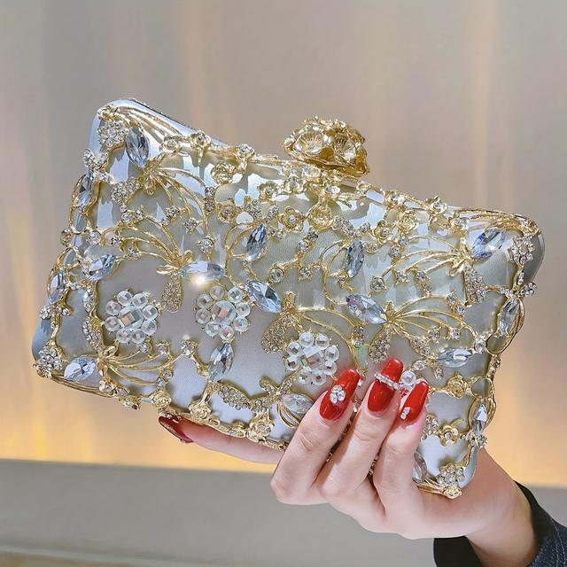 TEMU Porte-monnaie Brillant pour Dame, Pochette de Soirée Cocktail avec Strass Floral | Fermeture de Sécurité et Doublure en Polyester | Sac à Main Élégant pour Dames, Adapté aux et Fêtes de Danse