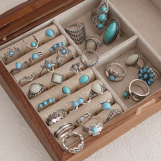 TEMU Un conjunto de 40 anillos de estilo bohemio diseño de media luna turquesa, hueco en relieve con forma de y elefante, perfectos para femenina, vacaciones, fiestas y regalos diarios.