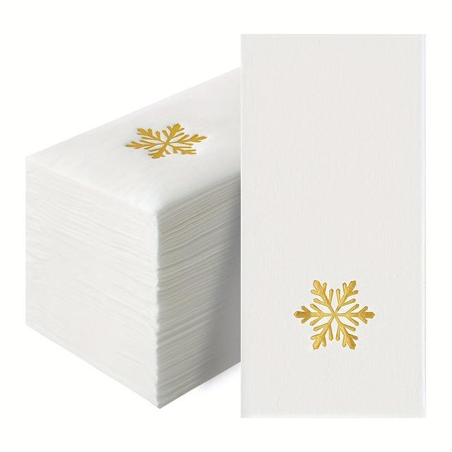 TEMU Set Of 20 White Napkins With Golden Snowflake Designs For Winter-themed Cocktail Or Dinner Parties.