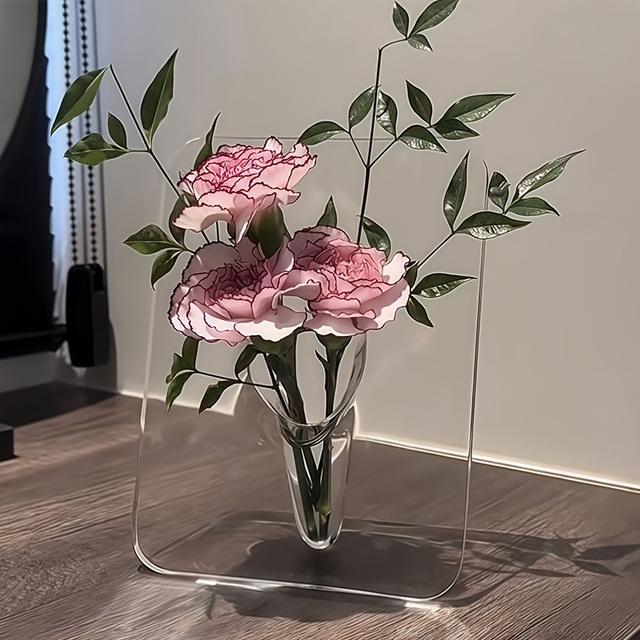 TEMU مزهرية مستطيلة حديثة بتصميم مع إطار صور - زهور من البلاستيك PET، حاوية نباتات مائية ومزهرية عرض مزدوجة الاستخدام للأعراس والمكاتب - قطعة مركزية قوية بتصميم إطاري لتنسيقات مينيمالية