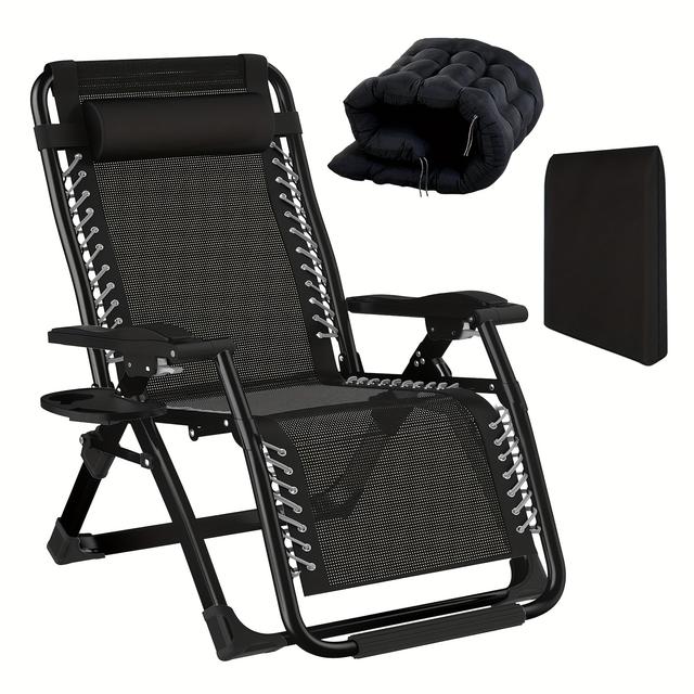 TEMU Compact Measuring 65cm In Width, Portable Deck Chair, Collapsible Outdoor Lounger Complete With Cushion, Neck Support, And Cup Holder, Suitable For Patio, Garden, Beach, Or Pool, In Black Color