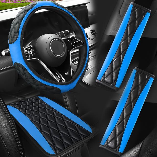 TEMU 4pcs Pu Leather Steering Wheel Cover, Armrest Pad, And Seat Belt Shoulder Protector Set