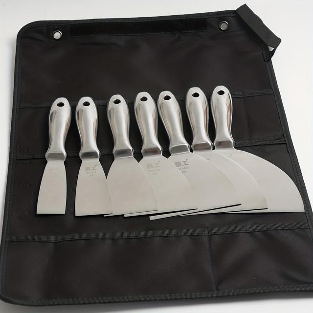 TEMU 8pcs Penggong High-quality Hollow Handle Stainless Steel 1pc Putty Knife Set With Black Pouch, Thickened Scraper For Putty And Paint, Portable Wall Cleaning Scraper Set