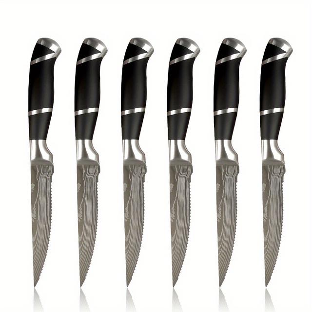 TEMU Steak Knife Set 6pcs, Kitchen Steak Knife Set Made Of German Carbon Stainless Steel, Sharp Toothed Pizza Knife And Ergonomic Handle Steak Knife