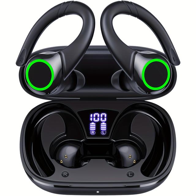TEMU 64hrs With Wireless Charging Case Earbuds 520mah, Built-in Mic With Earhook Sport Headset Earphones For Workout Running Black