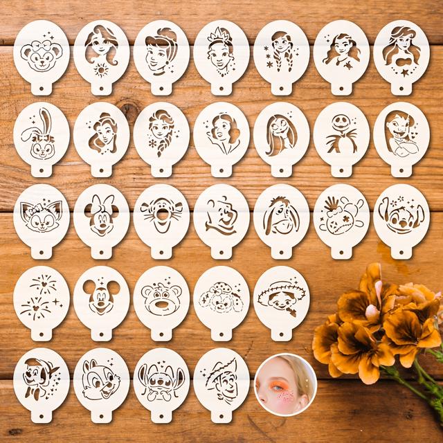 TEMU Set Of 30 Character Face Paint Stencils Ideal For Party Decor, Featuring Classic Princess Designs That Reused For Arts And Crafts, Including Templates For And , And Stitch, And Winnie The Pooh