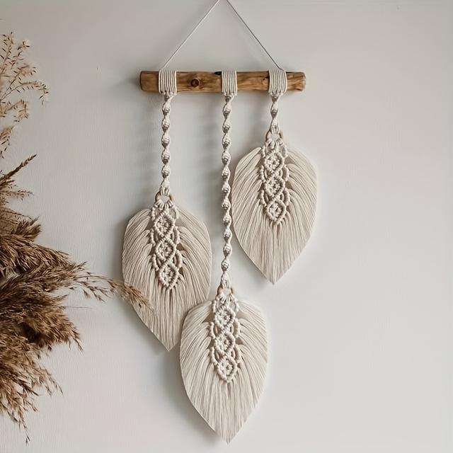 TEMU Wall Decor Featuring Leaves, Rustic Farmhouse Art, Macrame Leaf Designs, Bohemian Style Macrame, Handcrafted Macrame Pieces, Decor For The Living Room, Macrame Wall Decor