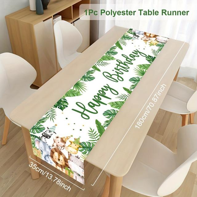 TEMU Jungle Animal Theme Polyester Table Runner - Happy Birthday Table Flag For Wild 1 1st Birthday, Baby Shower Party Decoration - No Electricity Or Feathers Required