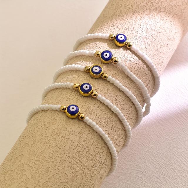 TEMU Boho-chic Glass Beaded Bracelet With Evil Eye Charm - Perfect Gift For Women, Couples & On Birthdays & Holidays