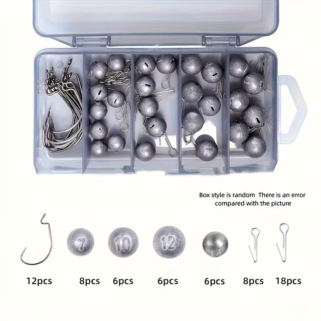 TEMU Set Of 64 Fishing Weights. Lead Weights Equipped With Pins And Crank Hooks. Ideal For Fishing Setups In Saltwater And Freshwater. Durable Tackle Box For Convenient Transport