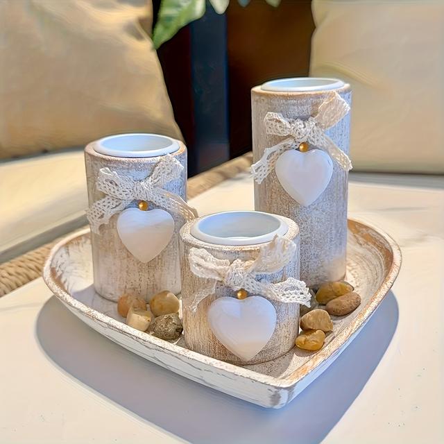 TEMU 1 Set Of Wooden White Heart-shaped Candle Holders With Heart Tray, 3pcs Tealight Candle Stand, Decoration Craft, Valentine's Day Decorative Ornament, Wedding And Anniversary Gift