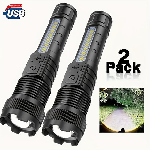 TEMU Set Of 2 Portable Usb Rechargeable Flashlights Featuring 3 Lighting - Made From Abs Material, Ideal For Dormitory Emergencies And Work, With A Handheld Design