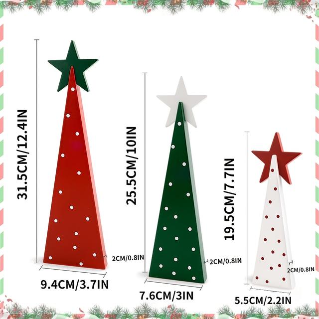 TEMU 3pcs Contemporary Wooden Christmas Tree Decor Set With Star Toppers - Tabletop For Home, Shelf, Mantel, Fireplace, And Party Decorations