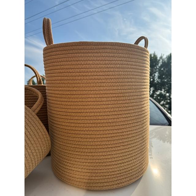 TEMU Rustic Cotton Rope Laundry Basket With Handles, Round Woven Clothes Hamper For Room Types, Foldable Storage Organizer For Clothes And Stuffed Toys
