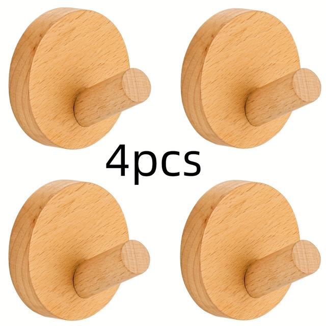 TEMU 4 Solid Wood Over Door Hooks - No Drilling, Strong Adhesive Wall Hangers For Clothes And Towels, Utility Hooks