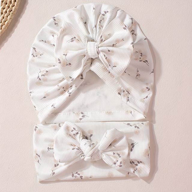 TEMU 2pcs Baby Printed Bow Hat Headband Set, Additions, Suitable For 0-2 Years Old