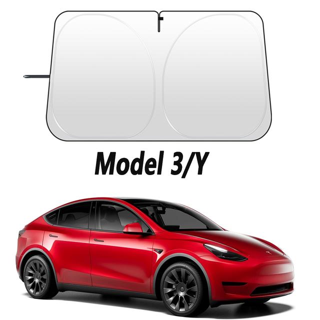 TEMU For Model 3/y Windshield Sunshade, Reflective Polyester Heat And Sun Blocking, Foldable Car Window Shade, Rearview Mirror Cutout, Fade-resistant Sunshade Curtain, For 3/y Accessories