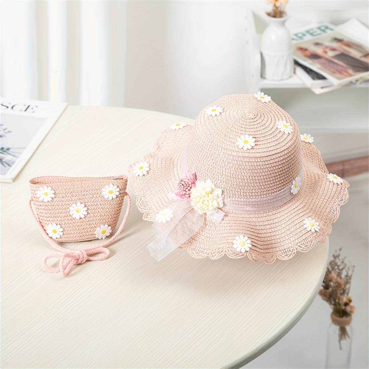 TEMU 1/2pcs New Summer Kids Flower Caps Bag Girl Beach Hat Coin Cute Weave Straw Purse Messenger Backpack