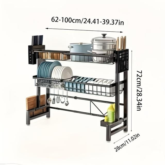 TEMU A Metal Sink Dish Rack With Adjustable Kitchen Storage Shelves Featuring A Plate Slot And Lid, Designed For Organizing And Storing Kitchen Utensils At Home.