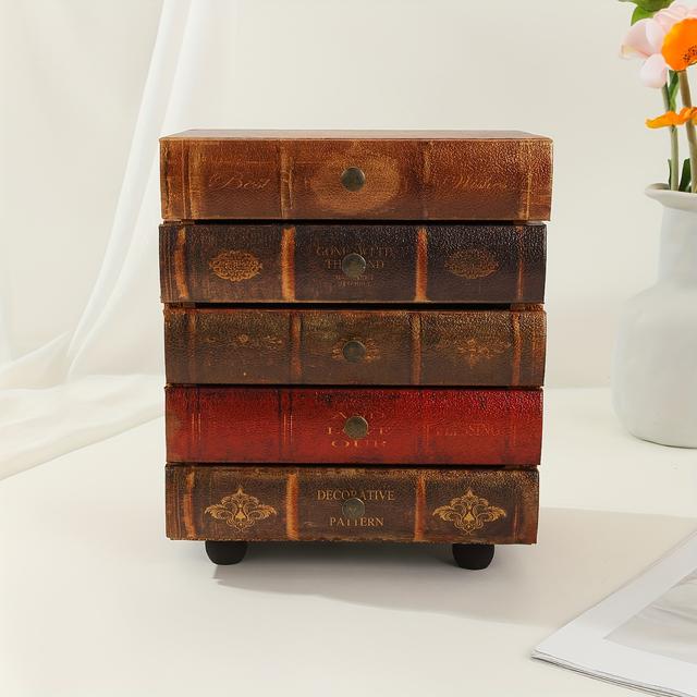 TEMU 【引き出し付き】5層 ビンテージ 本型 木製 収納ボックス - ク アメリカン ジュエリー 、折りたたみ式 デスク & 引き出し 、電源不要、ジュエス