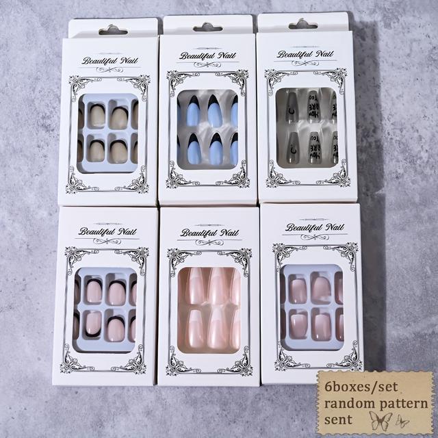 TEMU 6 Boxes Of 144pcs Press-on Nails: , Short Square, Long Ladder, Medium Almond Shapes, Random Patterns, Acrylic Nails + 6 + 1 Mini File, 24pcs Per Box
