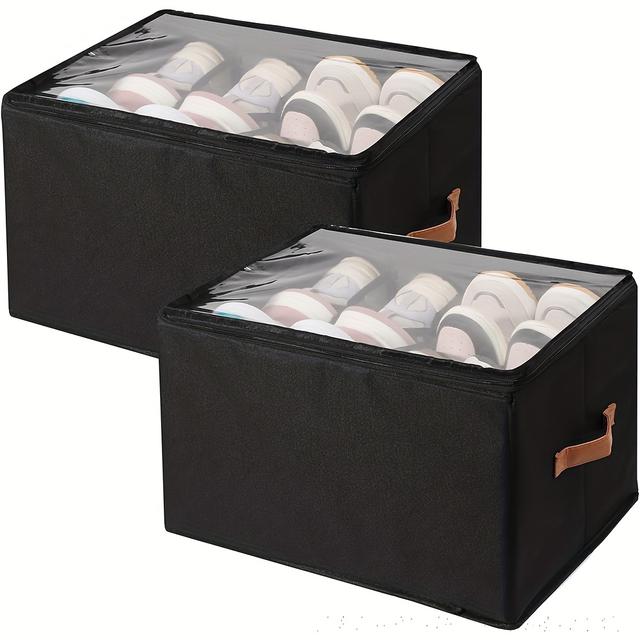 TEMU 2pcs Foldable Oxford Fabric Shoe Organizer With Lid - Dustproof Storage Box For Shoes, Clothes & Accessories - Versatile Home Organization Solution
