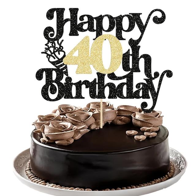 TEMU 1pc Happy 40th Birthday Cake Topper Glitter Happy Birthday Cake Pick Cheers To For 40th Anniversary Wedding Party Cupcake Decorations Supplies Black Golden