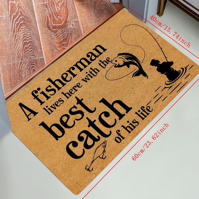TEMU 1pc Fishing Doormat, Fishing Gift For The Fisherman Who Lives Here With The Of His Life Household Machine Indoor Decoration Floor Mat Polyester Carpet Mat 1 Thick Weighs 800 Grams Per Square Gram
