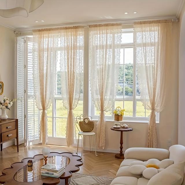 TEMU Eleganta Fransk Lantlig Stil Spetspärlgardin - Fenixsvans för Vardagsrum & Sovrum