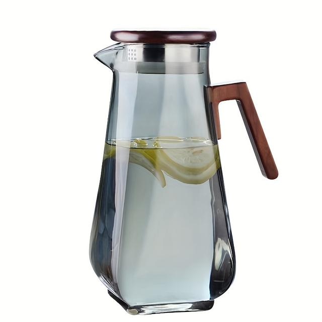 TEMU 1pc Heat Resistant High-capacity Glass Water Pitcher With Lemon Infuser And Wooden Handle, Modern Clear Beverage Dispenser For Juice And Cold Drinks
