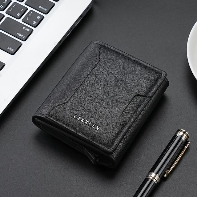 TEMU Carrken Slim Vertical Wallet - Pop-up Card Holder With Multiple Slots, Black Exterior & Blue Accents, Compact Id Organizer For , Unisex