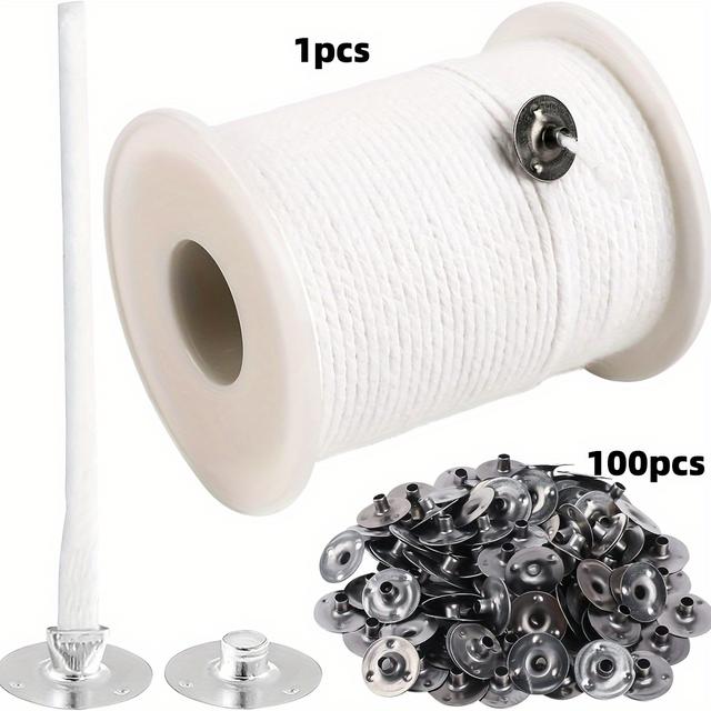 TEMU 61 cm lange Dochtrollen, rauchfreie Dochte, gerollte Dochte, inklusive 100 Halterungen, geeignet für die DIY-Kerzenherstellung, DIY-Kommunionkerzen, Duftkerzen (weiß)