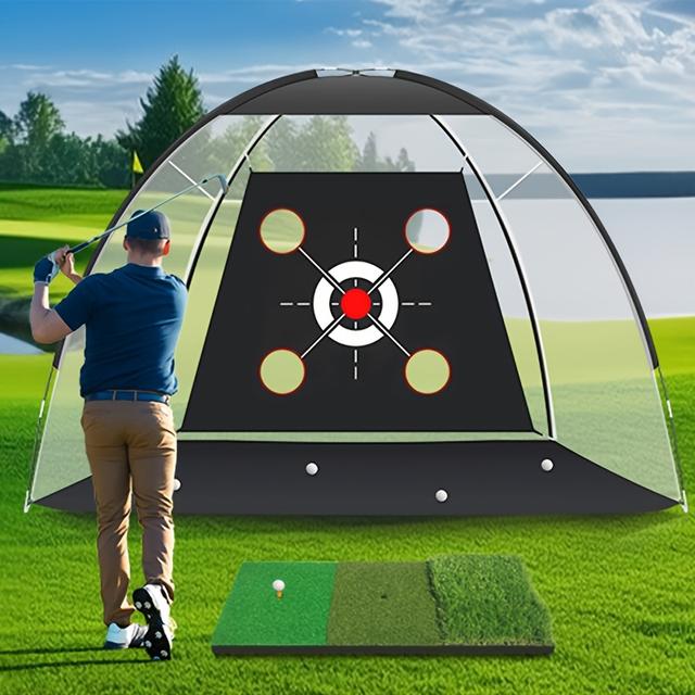 TEMU Golf-Zelt-Übungsnetz-Und-Hitting-Mat-Set, Golf-Chipping-Net-Combo, Enthält 4 Zielfächer Für Von Bällen.