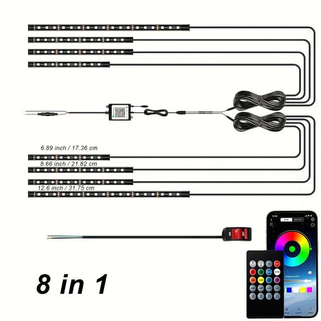 TEMU 8/12pcs Rgb Motorcycle Led Underglow Light Remote Control Atmosphere Ambient Strip Lighting Neon Moto Bottom Underbody Lights 12v