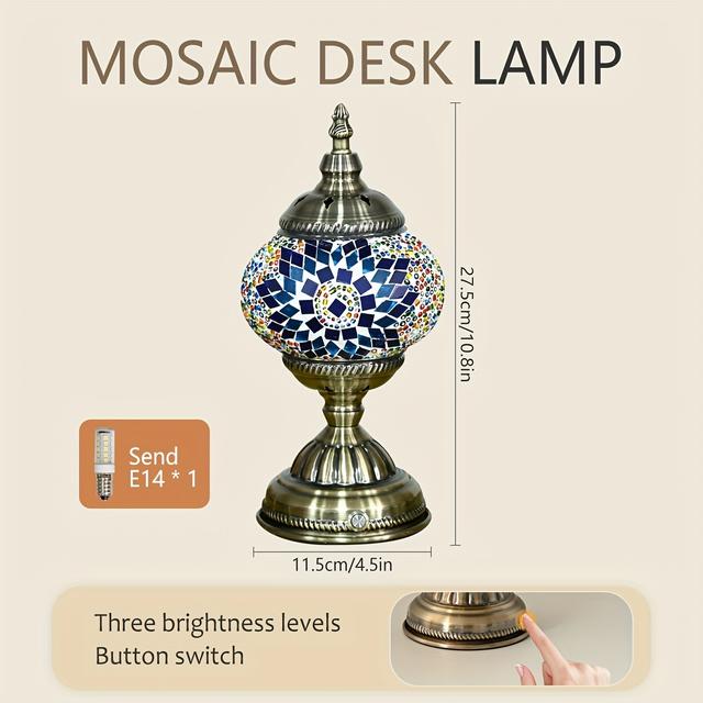 TEMU This Handcrafted Features A Usb Socket Power Supply And An Led Bulb. It Has A Bronze Base And Is Designed In The Style With A Mosaic Pattern Of Colored Glass. Standing 11 Inches Tall