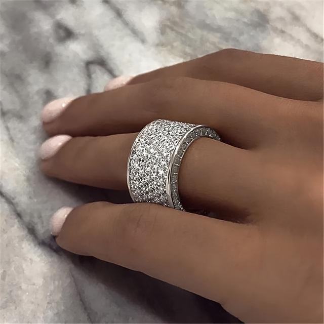 TEMU Fashionable Light Luxury Y2k High-end Hip-hop Wide Band Micro Pave Cubic Zirconia Women's Ring For Daily Engagement Wedding Unisex Couple Jewelry