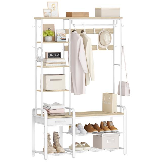 TEMU Shoe Rack With Stool, Coat Rack With Three-tier Shoe Bench And 1 Drawer, Clothes Rack With 17 Hooks, 1 Hanging Rail, 4 Side Shelves, White