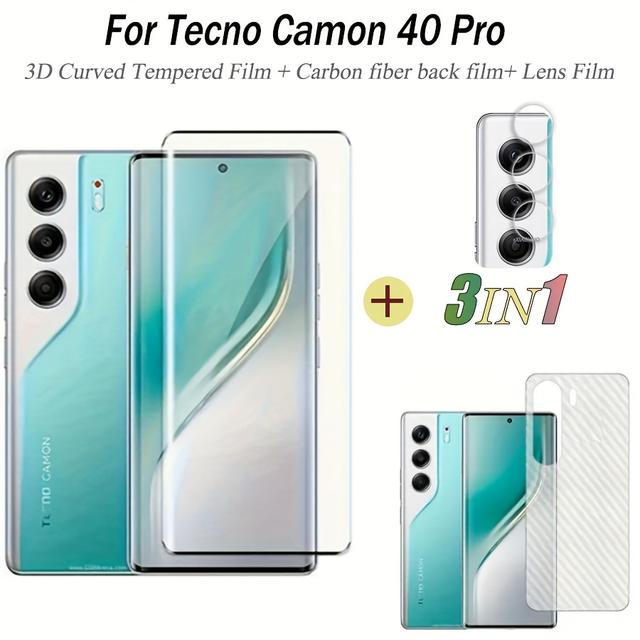 TEMU For Camon 40 Pro 3d Curved Fully Covered Tempered Glass Screen Protector Suitable For Camon 40 Fiber Back Film+lens Film