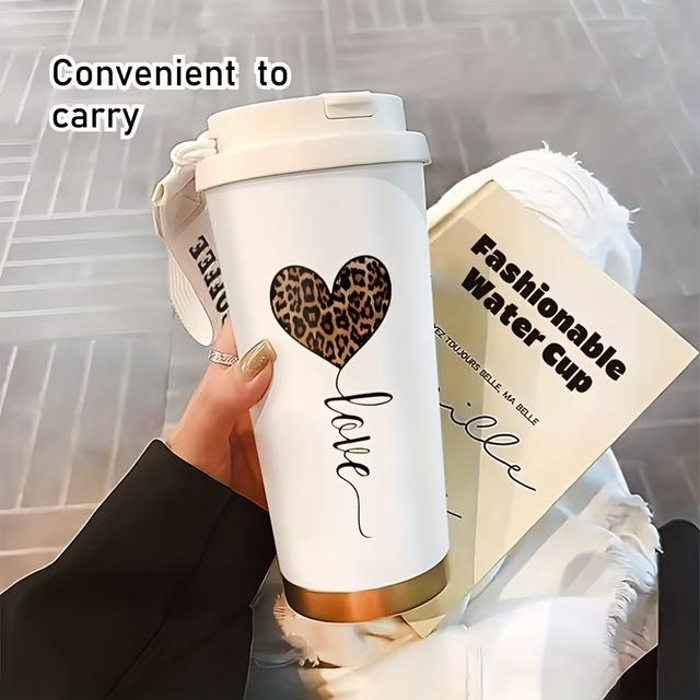 TEMU Stay " Leopard Print Heart 17.92oz Coffee Tumbler – Stainless Steel Insulated Mug For Hot/cold Drinks | Portable Travel Cup | Perfect Gift For Valentine', Thanksgiving &