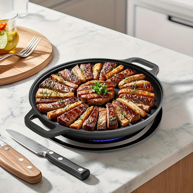 TEMU 11-inch Pre- Cast Iron Featuring A Dual-, Perfect For Baking, Stovetop Cooking, Or Campfire Use. This Durable Kitchen Essential Ensures Heat Distribution, Making It Ideal For Pizza Enthusiasts