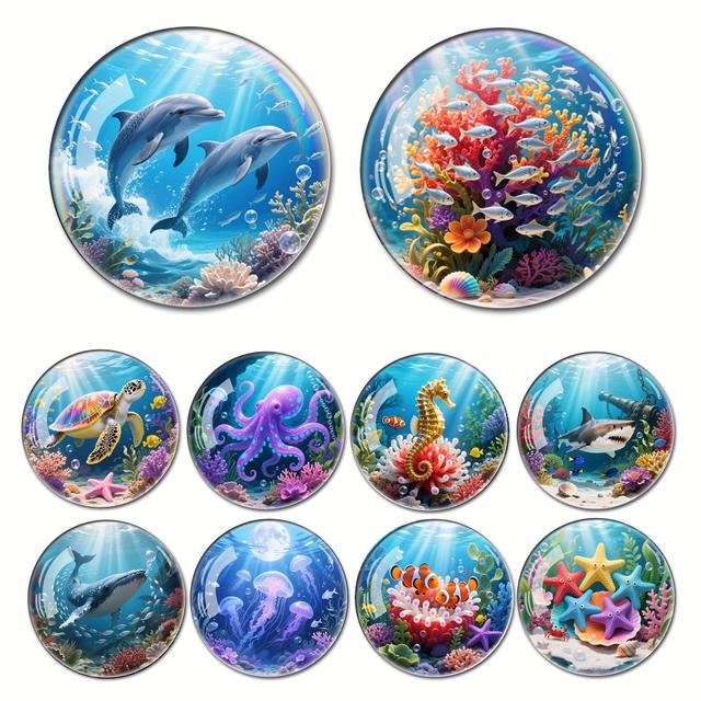 TEMU 10개 대형 4cm 장식 돔 스티커 - 돌고래, 상어, 문어, & 산호초가 있는 생생한 수중 장면 - 냉장고, 화이트보드, 식기세척기 등에 적합 - 주방, 사무실 또는 교실 장식, 수중 장식에 이상적인 선물, 냉장고마그넷, 마그네틱, 미니 자석, 마그네틱 자석, 여행마그넷, 냉장고 마그네틱