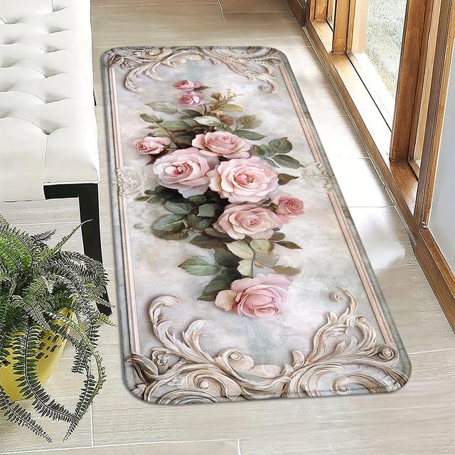 TEMU 1pc Valentine's Day Rose Flower Door Mat - Non-slip, Machine Washable, Knit Polyester Indoor Entrance Rug, Machine Made Rectangle Entryway Carpet For Home Decor
