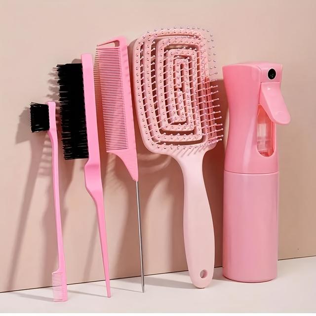 TEMU مجموعة العناية بالشعر الاحترافية 5 قطع: تتضمن 5 أمشاط تدليك فروة الرأس وزجاجة رذاذ - مثالية لجميع أنواع الشعر، مصنوعة من بلاستيك ABS المتين والمعدن، تتميز بأطراف دقيقة وفك تشابك الشعر