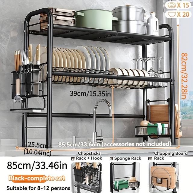 TEMU 1pc Adjustable 1-tier/2-tier Over Sink Dish Rack, Multi-functional Carbon Steel Kitchen Storage Organizer, Black Metal Dish Drainer Shelf With Utensil Holder And Cutting Board Stand Utility Racks