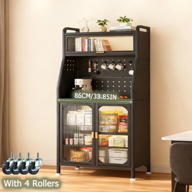 TEMU Tall Kitchen Cabinet Buffet | Modern Metal Cabinet With Wheels, Workbench, And Adjustable Shelves, Suitable For Kitchen And Living Room, Floor Mount,