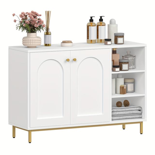 TEMU Weiße Aufbewahrungseinheit für Bad und Küche mit zwei Türen, einem Seitenschrank, einem offenen Kompartiment-Sideboard und einem verstellbaren Regal, Maße 35 x 100 x 75 cm