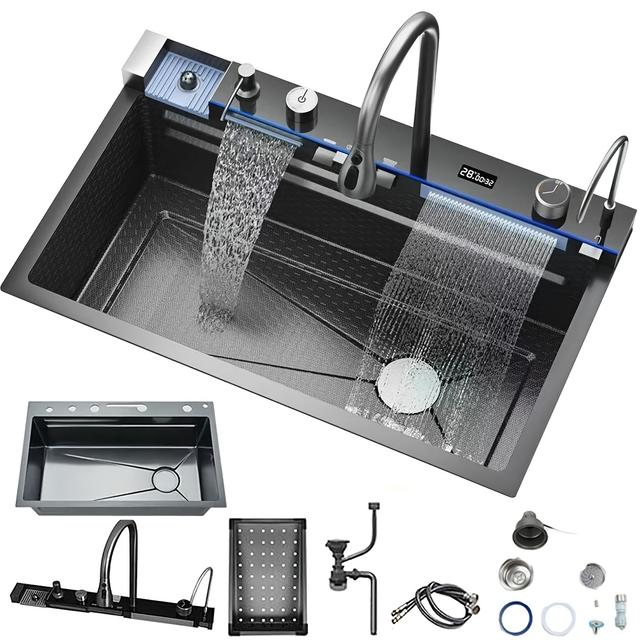 TEMU A Large Single Basin Luxury Stainless Steel Kitchen Sink With Waterfall Feature, Thick And Durable, Including Faucet - Modern Gunmetal Grey Design. Honeycomb Nano Protective Layer.