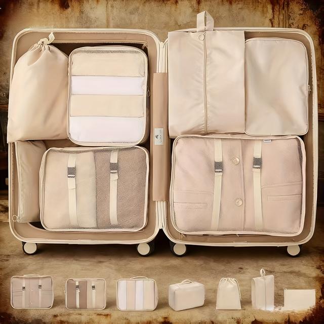 TEMU مجموعة منظم تخزين السفر 7 قطع مع حجرات بسحاب - منظم أمتعة قابل للغسل والنقل وإعادة الاستخدام للملابس والأحذية وأساسيات السفر، منظم أساسيات السفر | حجرات بسحاب | إغلاق بسحاب متين